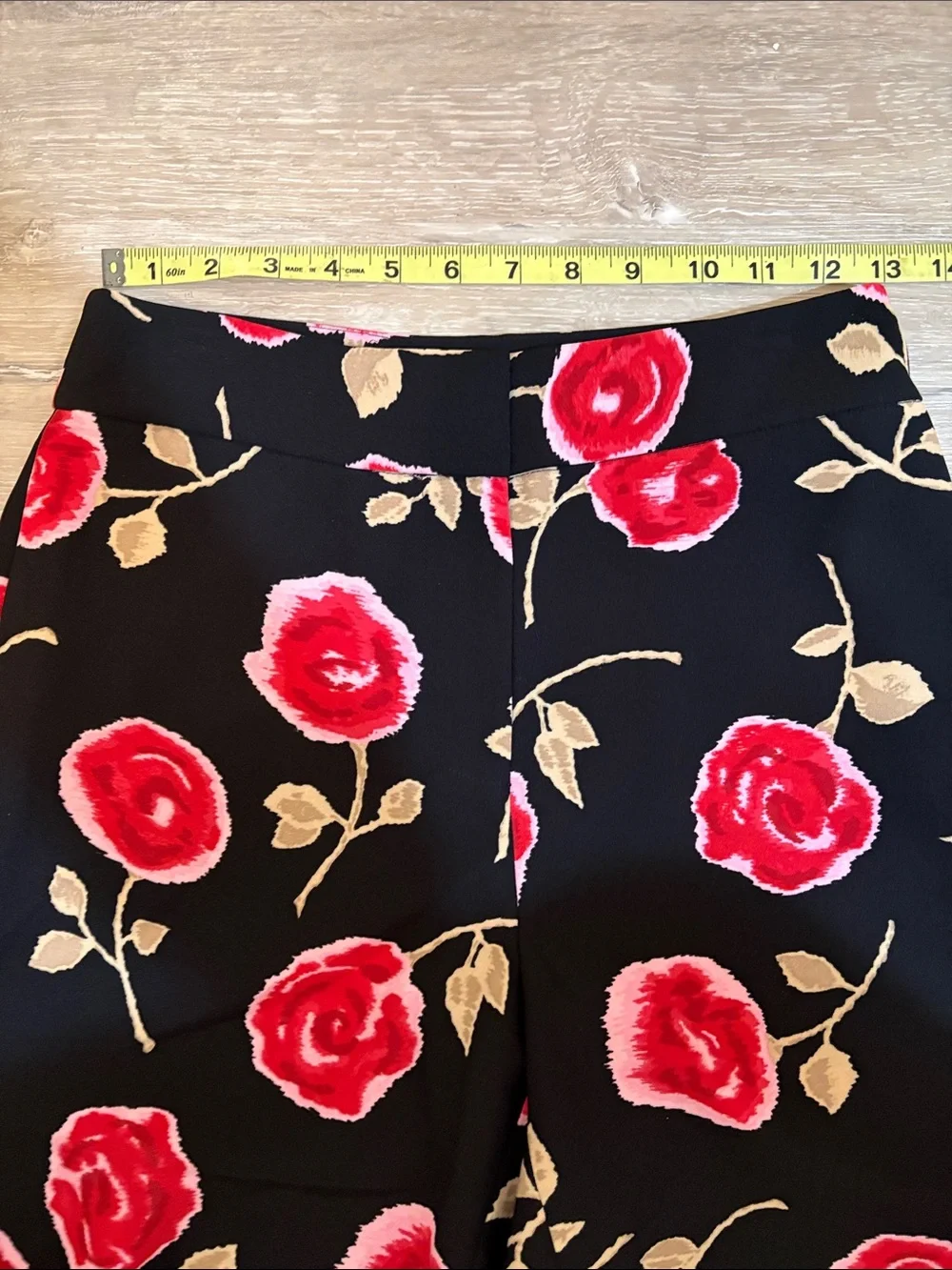 kate spade New York Rose Cropped Black Wide-Leg Pants with Red/Pink Rose Print